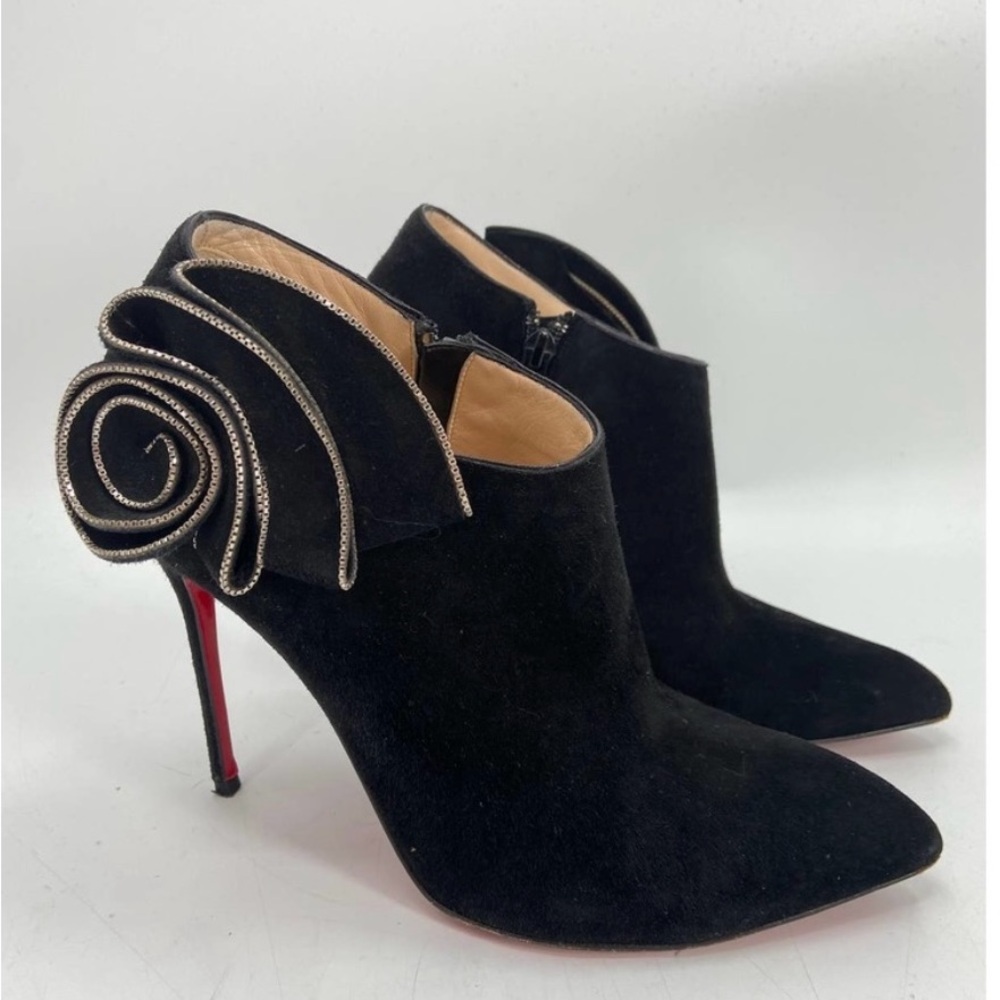 Christian Louboutin Mrs Baba Black Suede Leather Ruffled Stiletto Ankle Bootie